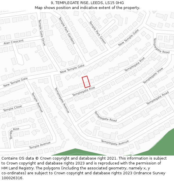 9, TEMPLEGATE RISE, LEEDS, LS15 0HG: Location map and indicative extent of plot