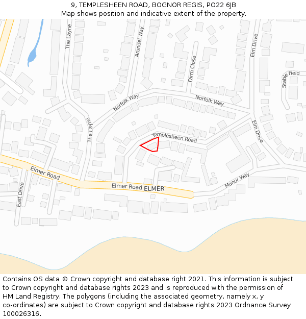 9, TEMPLESHEEN ROAD, BOGNOR REGIS, PO22 6JB: Location map and indicative extent of plot