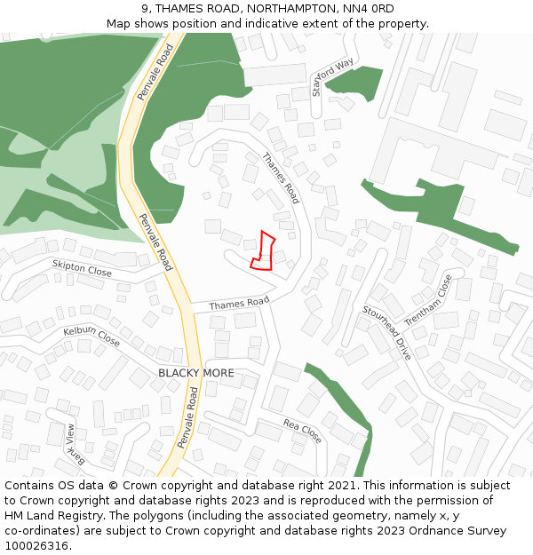 9, THAMES ROAD, NORTHAMPTON, NN4 0RD: Location map and indicative extent of plot