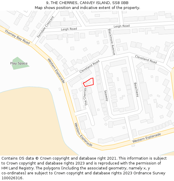 9, THE CHERRIES, CANVEY ISLAND, SS8 0BB: Location map and indicative extent of plot
