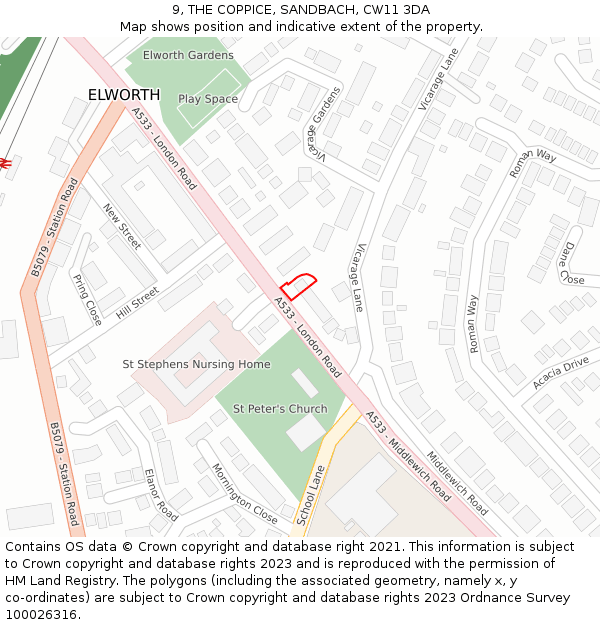 9, THE COPPICE, SANDBACH, CW11 3DA: Location map and indicative extent of plot