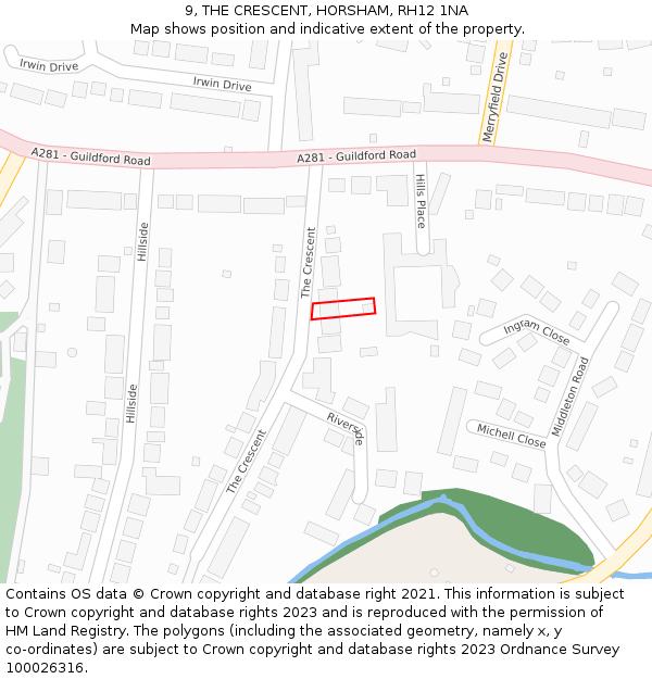 9, THE CRESCENT, HORSHAM, RH12 1NA: Location map and indicative extent of plot