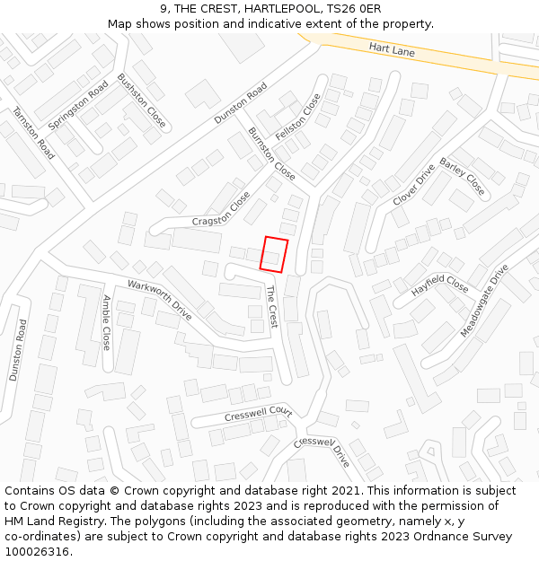 9, THE CREST, HARTLEPOOL, TS26 0ER: Location map and indicative extent of plot