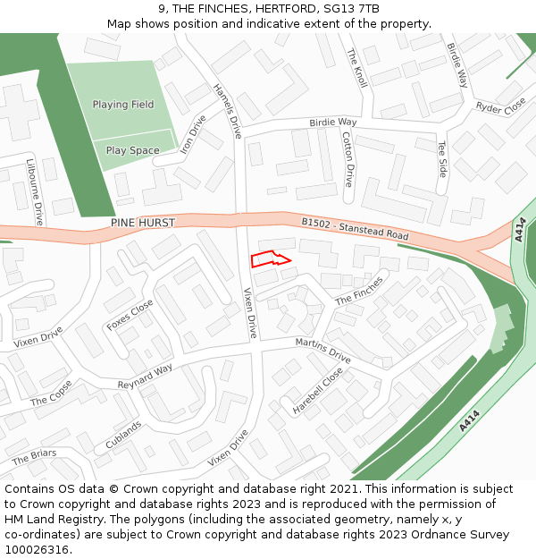 9, THE FINCHES, HERTFORD, SG13 7TB: Location map and indicative extent of plot