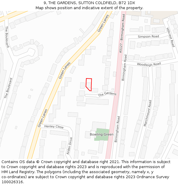 9, THE GARDENS, SUTTON COLDFIELD, B72 1DX: Location map and indicative extent of plot