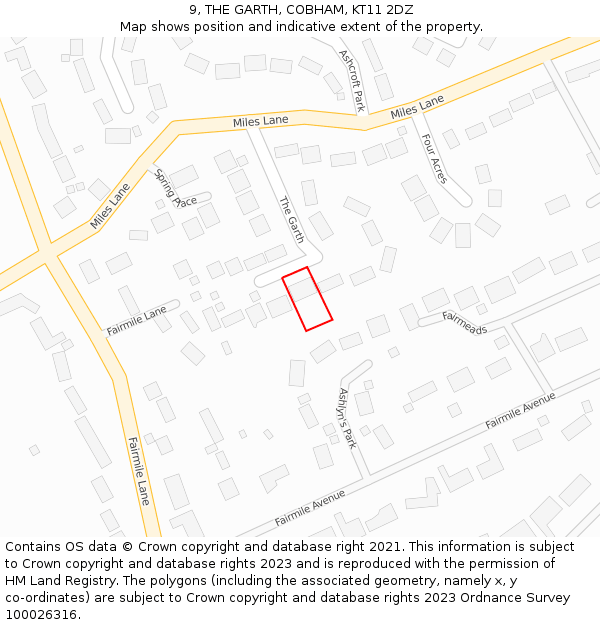 9, THE GARTH, COBHAM, KT11 2DZ: Location map and indicative extent of plot