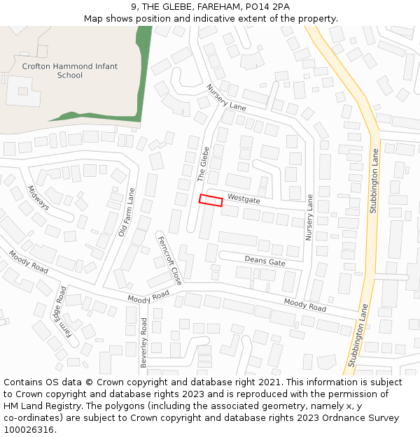 9, THE GLEBE, FAREHAM, PO14 2PA: Location map and indicative extent of plot