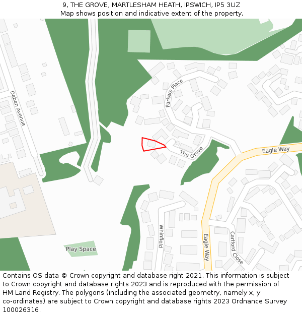 9, THE GROVE, MARTLESHAM HEATH, IPSWICH, IP5 3UZ: Location map and indicative extent of plot