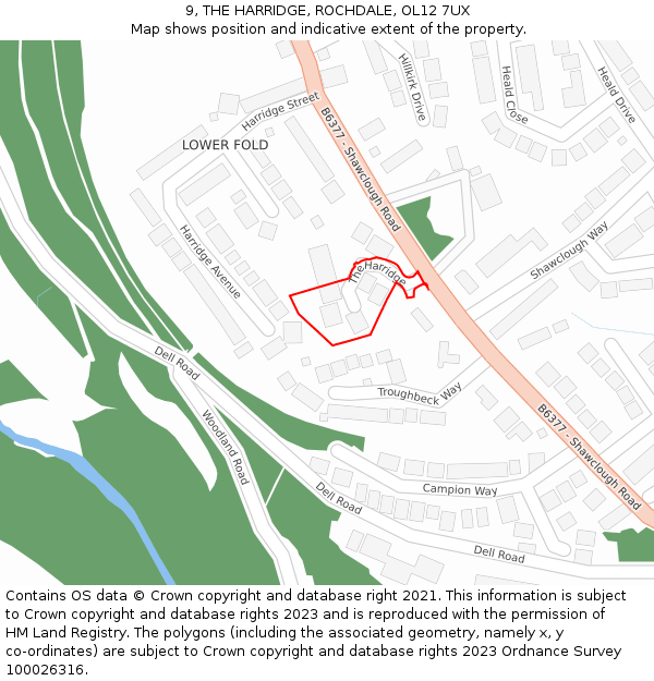 9, THE HARRIDGE, ROCHDALE, OL12 7UX: Location map and indicative extent of plot