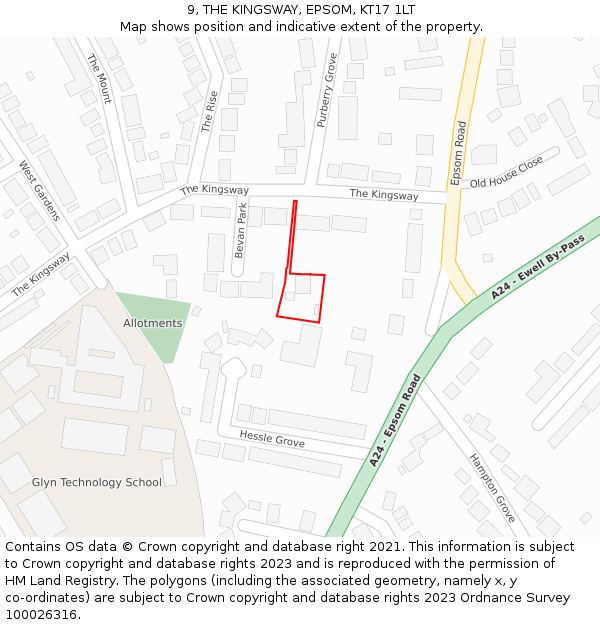 9, THE KINGSWAY, EPSOM, KT17 1LT: Location map and indicative extent of plot