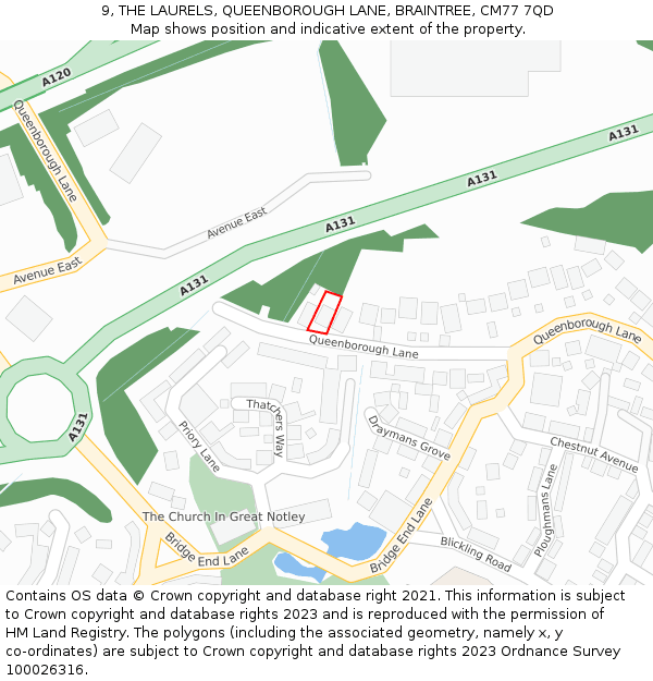 9, THE LAURELS, QUEENBOROUGH LANE, BRAINTREE, CM77 7QD: Location map and indicative extent of plot