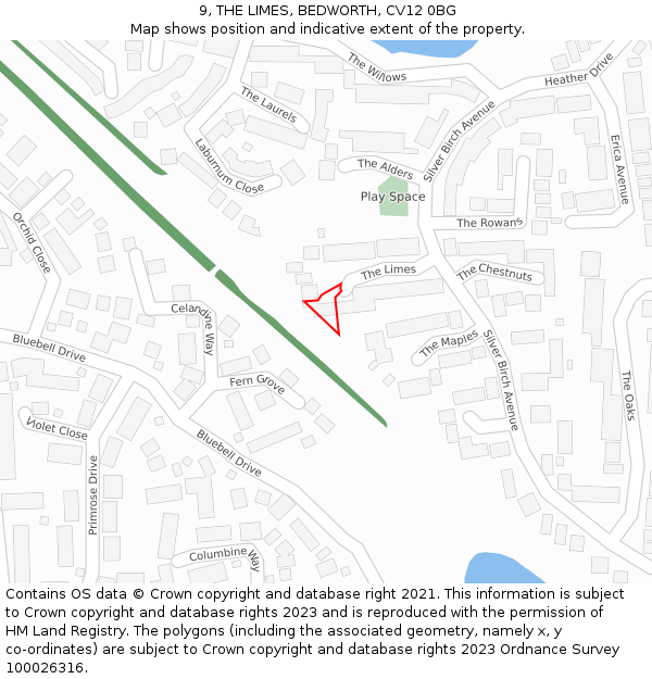 9, THE LIMES, BEDWORTH, CV12 0BG: Location map and indicative extent of plot