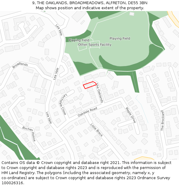 9, THE OAKLANDS, BROADMEADOWS, ALFRETON, DE55 3BN: Location map and indicative extent of plot