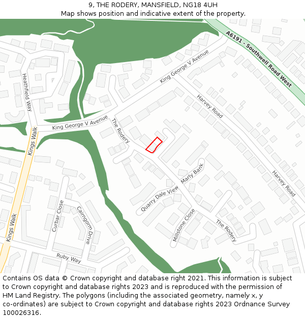 9, THE RODERY, MANSFIELD, NG18 4UH: Location map and indicative extent of plot