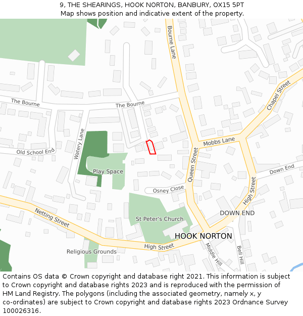 9, THE SHEARINGS, HOOK NORTON, BANBURY, OX15 5PT: Location map and indicative extent of plot