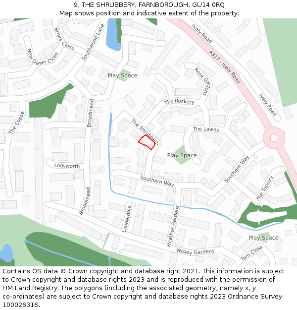 9, THE SHRUBBERY, FARNBOROUGH, GU14 0RQ: Location map and indicative extent of plot