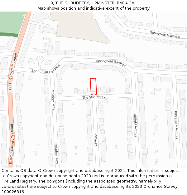 9, THE SHRUBBERY, UPMINSTER, RM14 3AH: Location map and indicative extent of plot