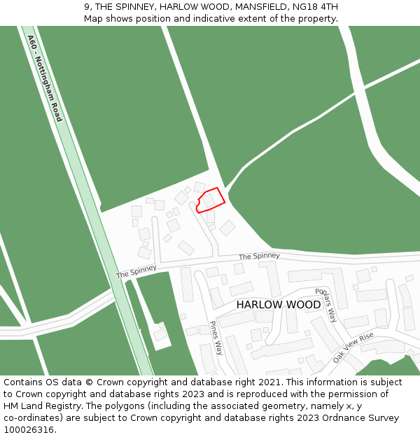 9, THE SPINNEY, HARLOW WOOD, MANSFIELD, NG18 4TH: Location map and indicative extent of plot