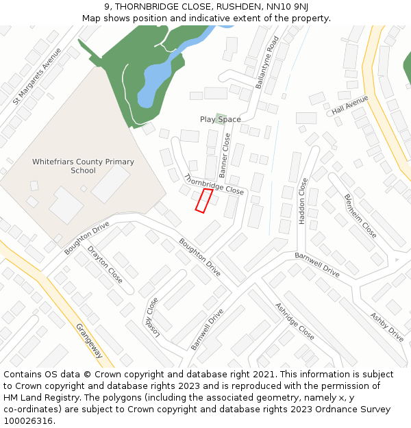 9, THORNBRIDGE CLOSE, RUSHDEN, NN10 9NJ: Location map and indicative extent of plot