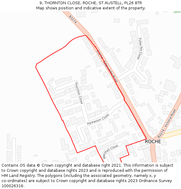 9, THORNTON CLOSE, ROCHE, ST AUSTELL, PL26 8TR: Location map and indicative extent of plot