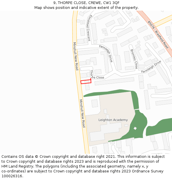 9, THORPE CLOSE, CREWE, CW1 3QF: Location map and indicative extent of plot