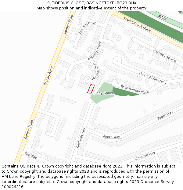 9, TIBERIUS CLOSE, BASINGSTOKE, RG23 8HX: Location map and indicative extent of plot