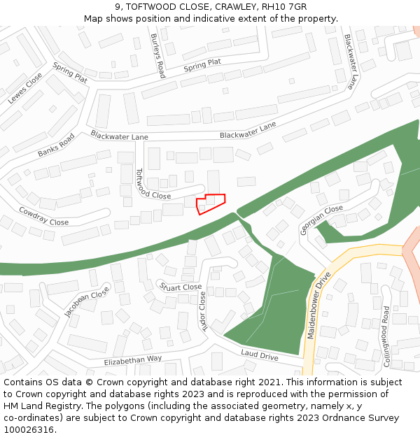 9, TOFTWOOD CLOSE, CRAWLEY, RH10 7GR: Location map and indicative extent of plot