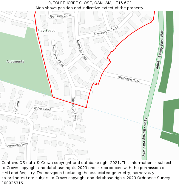 9, TOLETHORPE CLOSE, OAKHAM, LE15 6GF: Location map and indicative extent of plot