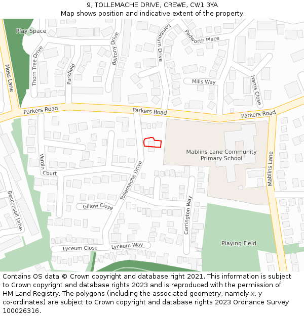 9, TOLLEMACHE DRIVE, CREWE, CW1 3YA: Location map and indicative extent of plot