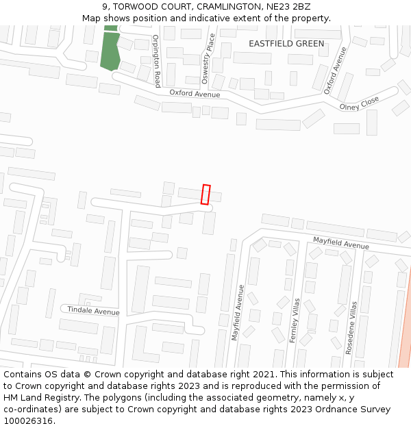 9, TORWOOD COURT, CRAMLINGTON, NE23 2BZ: Location map and indicative extent of plot