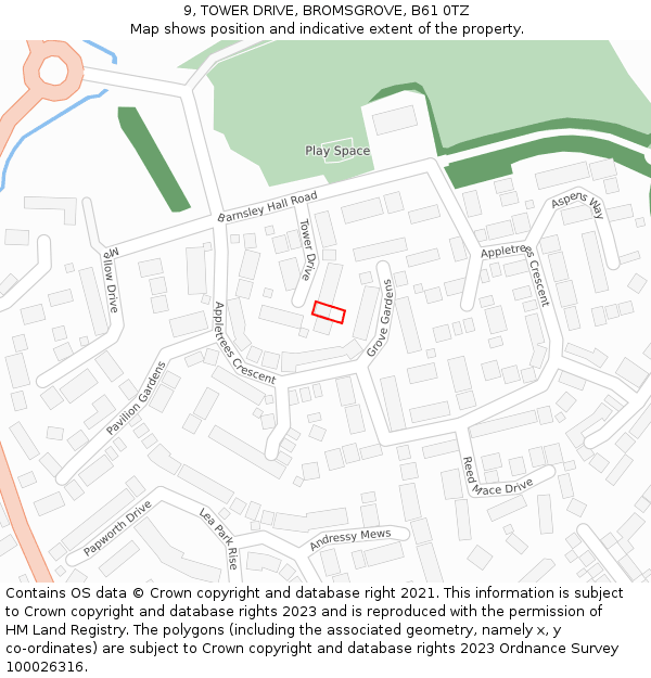 9, TOWER DRIVE, BROMSGROVE, B61 0TZ: Location map and indicative extent of plot