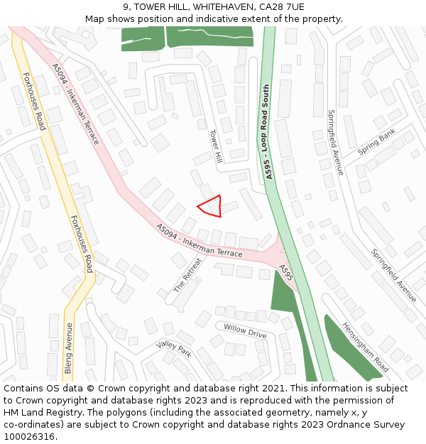 9, TOWER HILL, WHITEHAVEN, CA28 7UE: Location map and indicative extent of plot