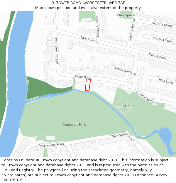 9, TOWER ROAD, WORCESTER, WR3 7AF: Location map and indicative extent of plot