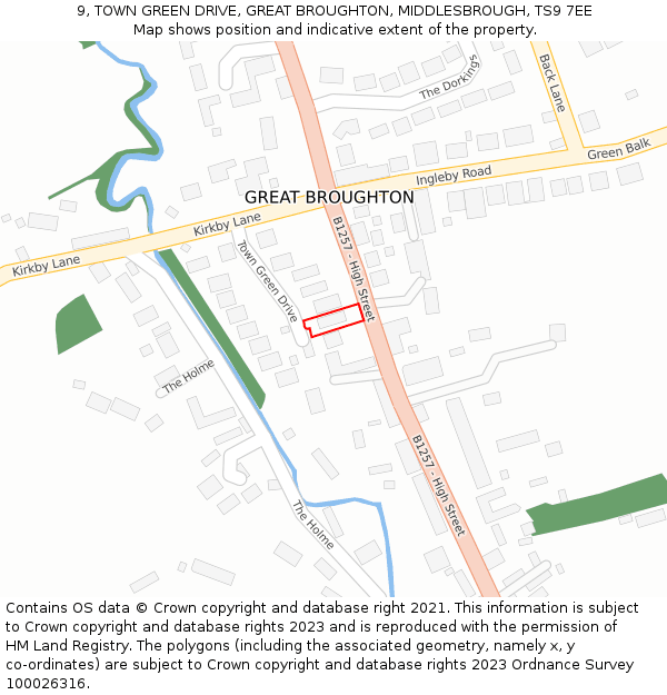 9, TOWN GREEN DRIVE, GREAT BROUGHTON, MIDDLESBROUGH, TS9 7EE: Location map and indicative extent of plot