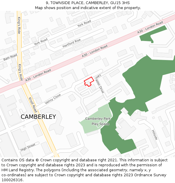 9, TOWNSIDE PLACE, CAMBERLEY, GU15 3HS: Location map and indicative extent of plot