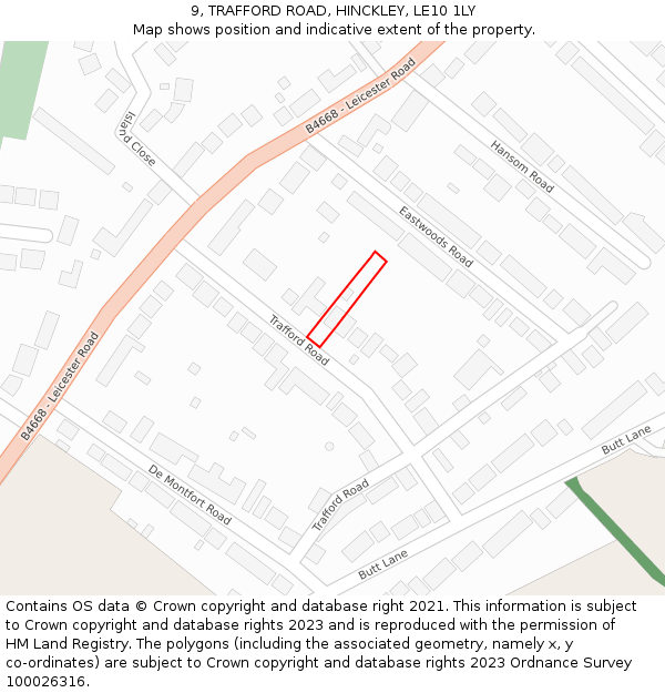 9, TRAFFORD ROAD, HINCKLEY, LE10 1LY: Location map and indicative extent of plot