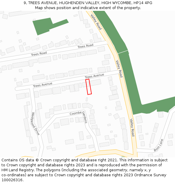 9, TREES AVENUE, HUGHENDEN VALLEY, HIGH WYCOMBE, HP14 4PG: Location map and indicative extent of plot