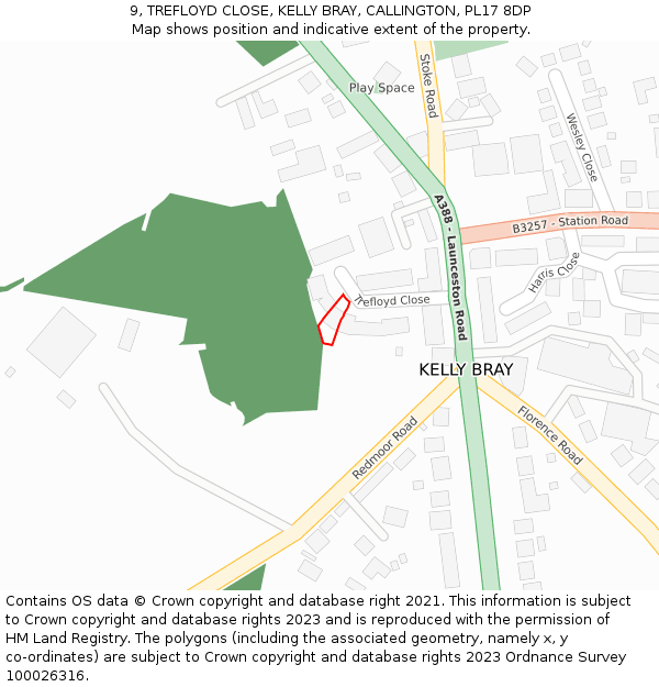 9, TREFLOYD CLOSE, KELLY BRAY, CALLINGTON, PL17 8DP: Location map and indicative extent of plot