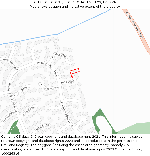 9, TREFOIL CLOSE, THORNTON-CLEVELEYS, FY5 2ZN: Location map and indicative extent of plot