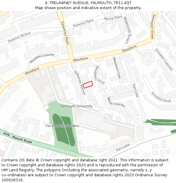 9, TRELAWNEY AVENUE, FALMOUTH, TR11 4QT: Location map and indicative extent of plot