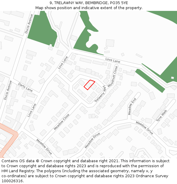 9, TRELAWNY WAY, BEMBRIDGE, PO35 5YE: Location map and indicative extent of plot