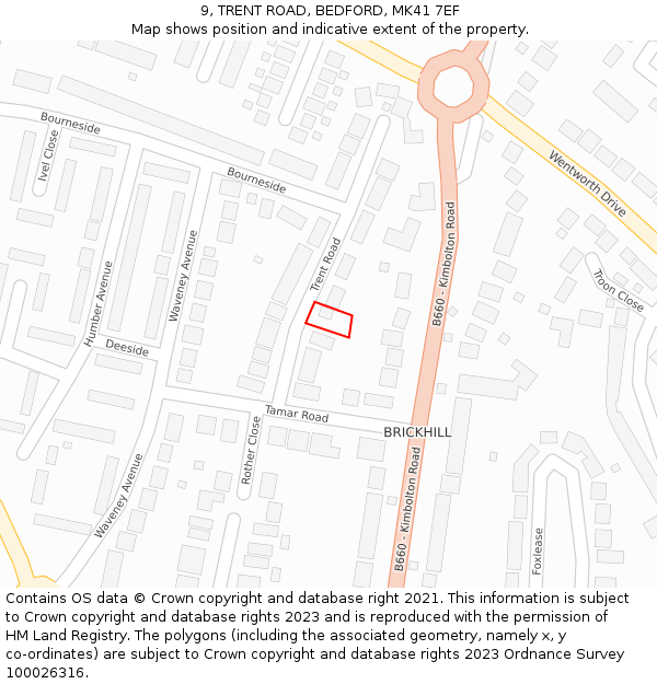 9, TRENT ROAD, BEDFORD, MK41 7EF: Location map and indicative extent of plot