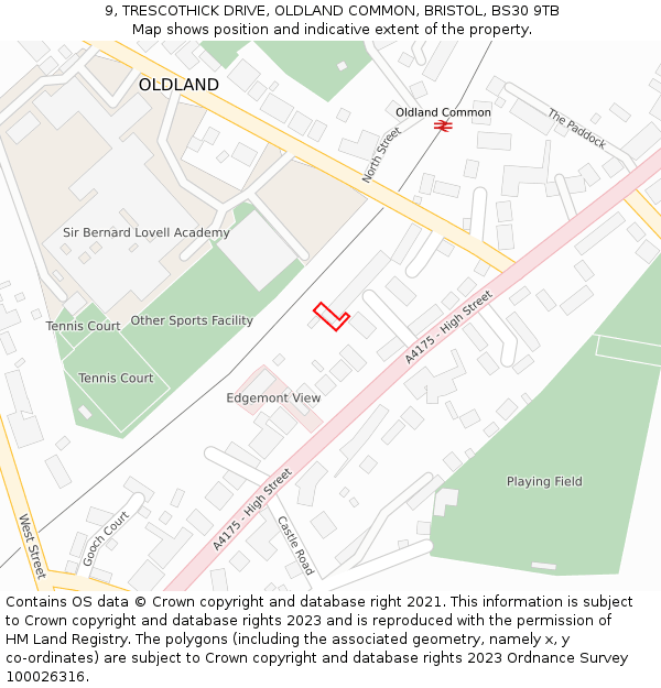 9, TRESCOTHICK DRIVE, OLDLAND COMMON, BRISTOL, BS30 9TB: Location map and indicative extent of plot