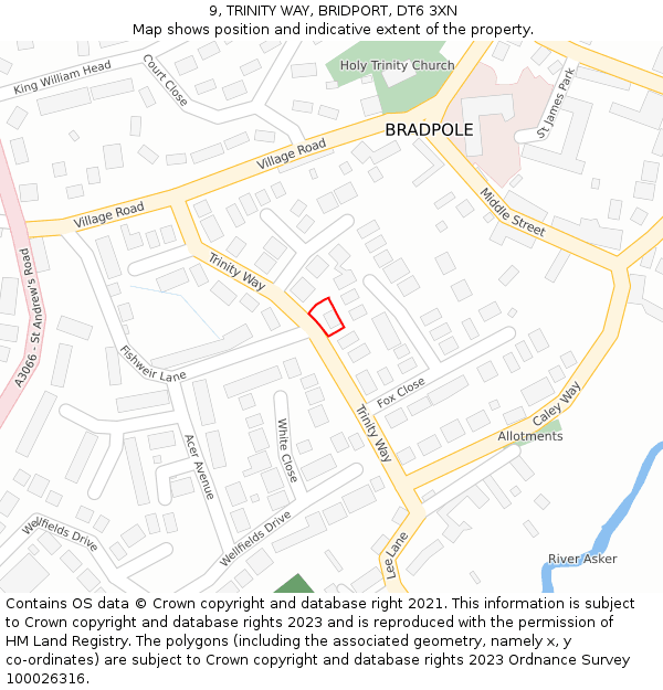 9, TRINITY WAY, BRIDPORT, DT6 3XN: Location map and indicative extent of plot