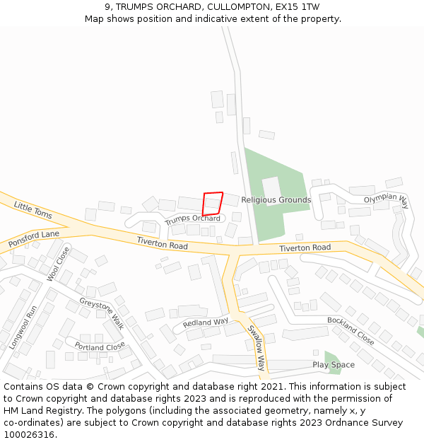 9, TRUMPS ORCHARD, CULLOMPTON, EX15 1TW: Location map and indicative extent of plot