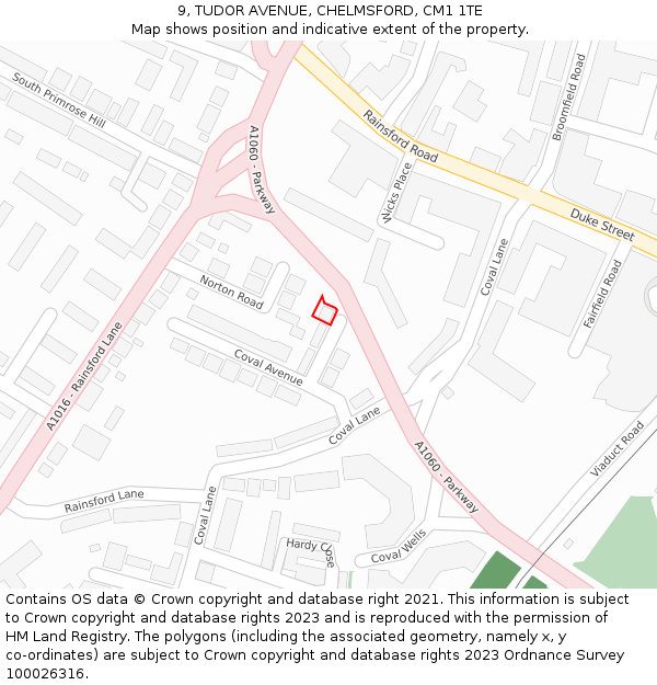 9, TUDOR AVENUE, CHELMSFORD, CM1 1TE: Location map and indicative extent of plot