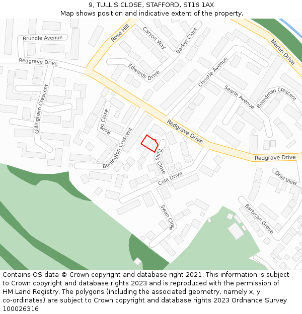 9, TULLIS CLOSE, STAFFORD, ST16 1AX: Location map and indicative extent of plot