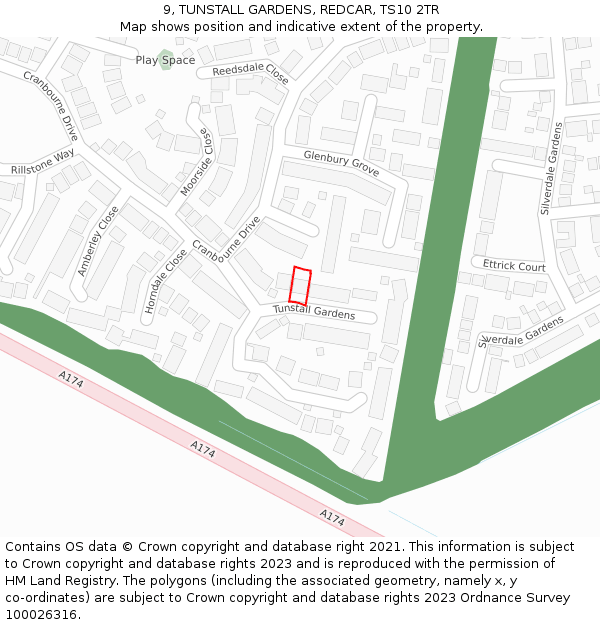 9, TUNSTALL GARDENS, REDCAR, TS10 2TR: Location map and indicative extent of plot