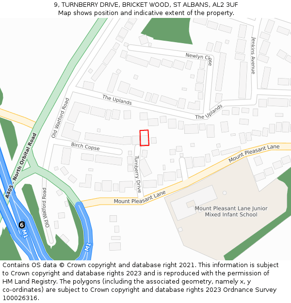 9, TURNBERRY DRIVE, BRICKET WOOD, ST ALBANS, AL2 3UF: Location map and indicative extent of plot