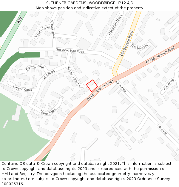 9, TURNER GARDENS, WOODBRIDGE, IP12 4JD: Location map and indicative extent of plot